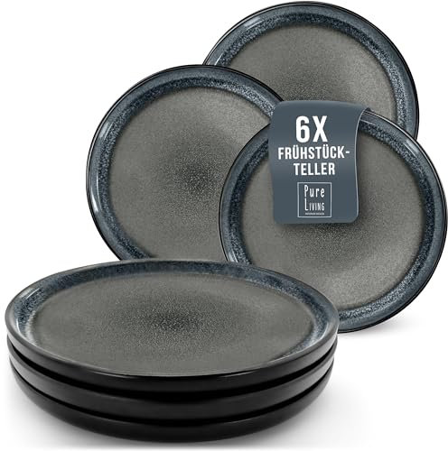 Steingut Frühstücksteller 6 Personen Ibiza TESTSIEGER, Traumhaftes Mediterranes Steingut Dessertteller Set, Kleine Teller, Salatteller - Pure Living in Grau