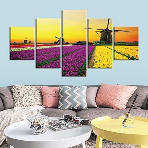 Bilder 5-Teilig Leinwandbilder Sonnenuntergang Blumenfeld Windmühle Moderne Dekorative Gemälde Auf Leinwand Wandbilder Für Wohndekorationen Wanddeko (Xl/Ohne Rahmen 150 X 100 Cm) Schlafzim -0D4X/A7B