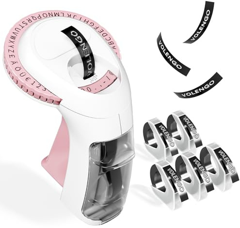 VolenGo Beschriftungsgerät Prägegerät, Omega S Etikettiergerät Retro, rosa tragbarer manueller Etikettendrucker mit 5 RollenPrägegerät Etiketten für Heim, Büro