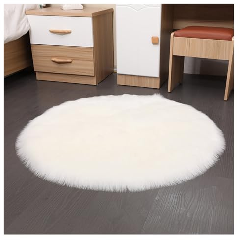 SMTCM Faux Lammfell Schaffell Runder Teppich 50 * 50cm Weiß Flauschig Kunstfell Teppich Longhair Fell Weiche Nachahmung Wolle Bettvorleger Sofa Matte Rutschfester Waschbarer Plüsch Fußmatte Heim Deko