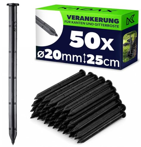 KADAX Lot de 50 piquets d'ancrage pour montage - 25 cm - En plastique - Avec picots - Ancrage au sol en plastique pour bordures et grilles de pelouse (noir, rond)