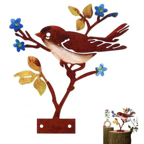 Ehuihuan Décoration d'oiseau, piquet de jardin, oiseaux en métal rouillés, charmante figurine d'animaux extérieure