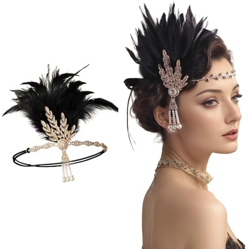 ASFWAGQ 1920s Stirnband Damen Gatsby Kostüm Accessoires 20er Jahre Accessoires Flapper Feder Kristalle Haarband für Karneval Fasching Kostüm Schwarz