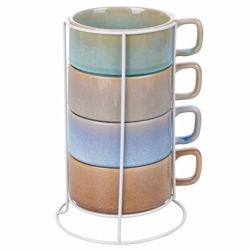 Villa d'Este Home Tivoli Set 4 mugg, 360 ml stengods med handtag, järnstativ, 4 toner