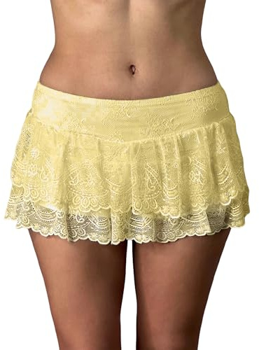 Falda de encaje Y2K para mujer, falda plisada de cintura baja, minifalda acampanada de capas, falda con volantes fluida, media falda de calle, amarillo, S
