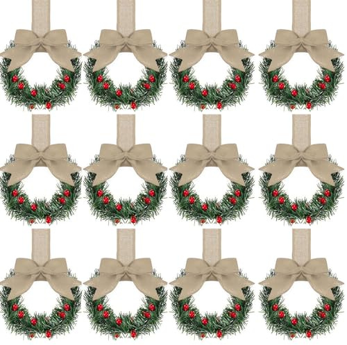 12pcs 10cm Small Wreaths for Kitchen Cabinets, Christmas Wreath with Bows, Artificial Greenery Christmas Wreaths for Xmas Window Wall Front Door Decor, Baubles & Lantern (B)