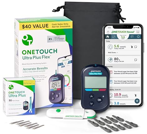 OneTouch Ultra Plus Flex Test Kit - Includes Ultra Plus Flex Blood Glucose Meter, 10 Lancets, Lancing Device, 30 Test Strips & Carrying Pouch - Diabetes Care Supplies