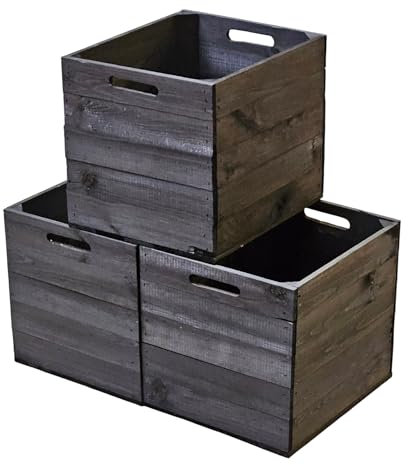 Teramico 3er Set massive und stabile Obstkisten/Holzkisten/Weinkisten - 50 x 40 x 30cm Geflammt/Natur- Tolle Dekoration für Innen und Außen (3er Set Kallax Schwarz)