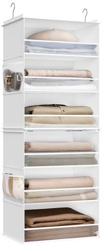 SONGMICS Étagère Suspendue, Penderie, Pliable, Gain de Place, Crochets en Métal, Plaque de Renfort en Bambou, Blanc Nuage RCH007W01