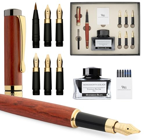 Wordsworth & Black Calligraphy Pen Gift Set, Include Bottiglia di inchiostro, 6 cartucce di inchiostro, convertitore per ricarica, 6 pennini di ricambio, bambù di lusso, journaling [Legno di rosa]
