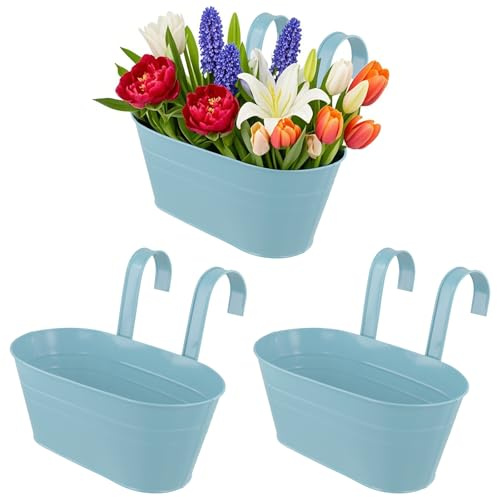 UNGFEI 3 PCS Metal Hanging Flower Pots, Blue Over Fence Planters, 28cm | Wall Hanging Decor Pot with Detachable Hooks for Railing Balcony Garden Home Decoration