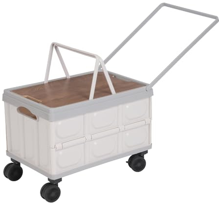 55L Folding Garden Trolley Cart, Foldable Beach Trolley with Top Cover & 360° Rotatable Wheels, Large Capacity Shopping Trolley Box with Long Handle, for Camping Picnic (Grey)