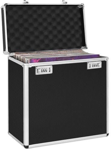 OUUTMEE Schallplattenkoffer, Speicherkapazität: ca. 50 Schallplatten, schwarz, Design aus Aluminiumlegierung Höhe 340 x Breite 365 x Tiefe 205 mm Hält etwa 50 LPs