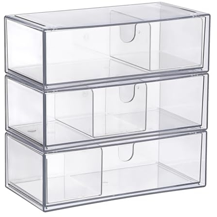 SUMTree 3 Pcs Acryl Aufbewahrungsbox mit Schubladen Stapelbare Kosmetik Organizer Transparent Schubladenbox mit herausnehmbaren Trennwänden für Schmuck, Gesundheitsprodukte, Kaffeekapseln Schreibwaren