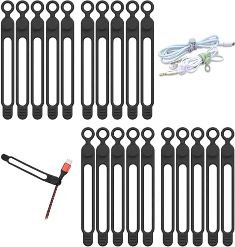 ALINK 20Pcs Silicone Cable Straps Cord Organizer for Bundling Earphone, Phone Charger, Computer Cords, Reusable Cable Ties Wire Organizer in Home,Office,Kitchen,School (Black)