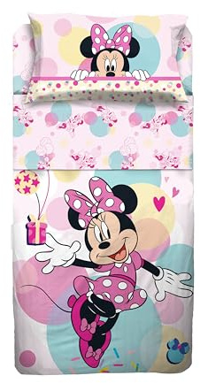Set Lenzuolo Copriletto Singolo Minnie 100% Cotone, Completo Letto Copriletto, Lenzuolo da Sopra con Ribaltina + Lenzuolo da Sotto con Angoli + Federa