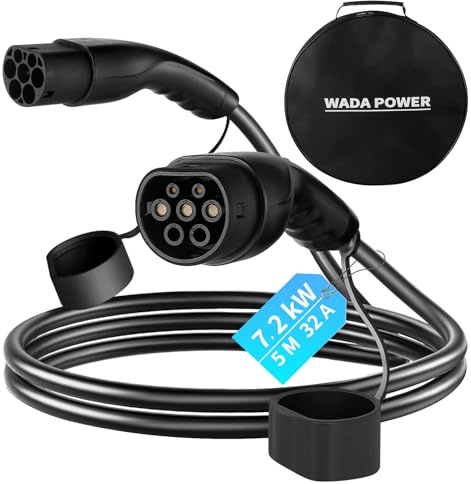 WADA POWER Cable de carga para coche eléctrico tipo 2: cable de carga para vehículos eléctricos 7 kW 32 A monofásico, compatible con todos los modelos tipo 2/CCS2, EV/PHEV, IEC 62196-2, 5 m, funda