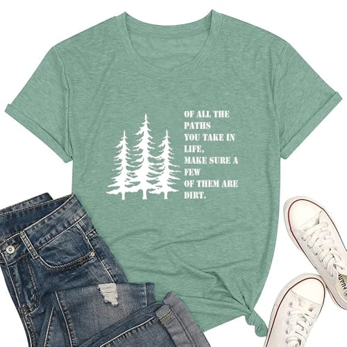 Wiadex Womens T Shirt Pine Tree Graphic Tee Outdoor Hiking Camping Adventure Casual O Neck Short Sleeve Summer Athletic Loose Fit Tee Tops Blouses,Pale Green XXL