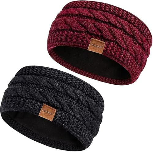 Hatromm Winter Headbands for Women Wool 2 Pack, Ear Warmers for Women Headband Knit Thick Fleece Lined(Black+Burgundy)