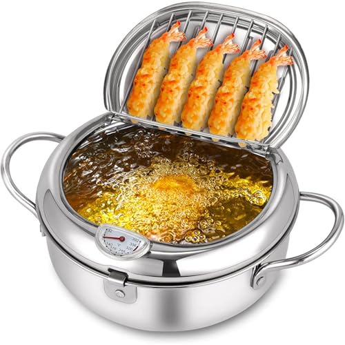 Large Tempura Frying Pot with Lid. Deep Fry Pot with (°F) Thermometer and Oil Drip Drain Rack for family of 4-6 people 11 4.4Qt