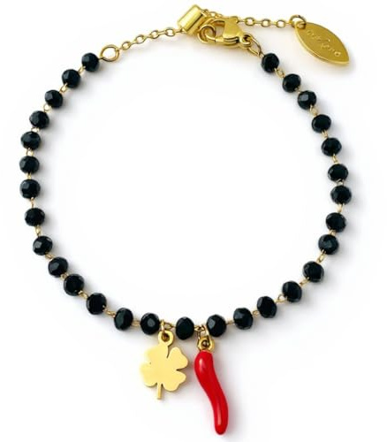 dalcuore Bracciale Portafortuna Donna con Charm Quadrifoglio e Cornetto Rosso, Gioiello in Acciaio Inossidabile, Misura Regolabile 16-20 cm, Idea Regalo Laurea e Natale