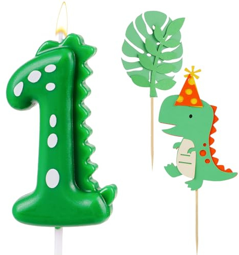 AIBAOBAO Candelina 1 Anno, Candeline Compleanno Numero Verde, Candele Compleanno Dinosauro 7cm, avec Decorazioni Torta Dinosauri, Candelina Numeri per Feste e Compleanni 1 Anno Bimba Bimba