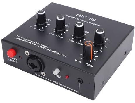 Denash Préampe Micro équilibré, Préampli Phantom Power XLR 48 V avec Gain de 10-60 DB et Entrée de 3 Canaux, Grade de Studio pour le Condenseur, Micros Dynamique