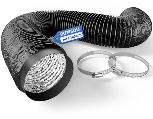 BUMSOU 100mm PVC + Aluminium Lüftungsrohr Flexibel, 3 m, mit 2 Edelstahl-Klemmschellen, Abluftrohr für Bad, Küche & Trockner