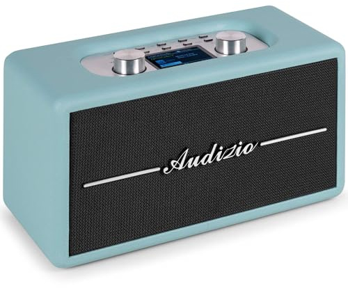 Audizio Tune60 Enceinte Rétro sans Fil 30W Bluetooth, Bleue, Radio FM et Dab+, Batterie Optionnelle, Entrée AUX et USB, Fonction Alarme et Minuterie, Design Vintage Élégant