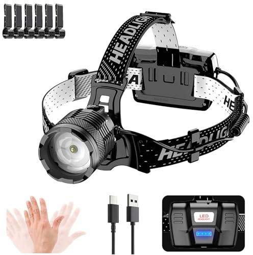 LUCKFEN Lampe Frontale Led Ultra Puissante Rechargeable avec Capteur de Mouvement - 120000 Lumens Laser Blanc, Zoom Étirable, Batterie 9000mAh, 3 Modes - Idéal pour Camping, Randonnée, Pêche, Jogging