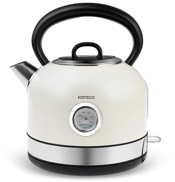Karaca Retro 2202 Electric Kettle, 1.7L, Cream, Fast Boiling, Stainless Steel, Vintage Tea Kettle with Temperature Gauge, Auto Shut-Off, 2200W, 360° Rotating Base