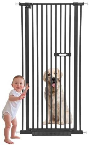Schutztor Ausziehbar Haustiere Katzentiertor, 150cm Haustiergitter Extra Hoch mit Doppelverriegelung Katzentür&3.5cm Stababstand Ohne Bohren für Haustier Kleinen Haustieren Hunden (Schwarz)