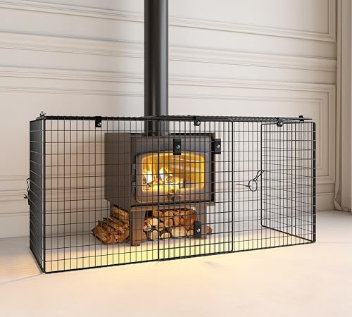Calidola Utdragbart eldstadsskydd, justerbar bredd 92 cm till 168 cm, väggmonterad brandskärm för brandsäkerhet, svart pulverlackerad metallnätpanel, passar de flesta eldstäder och spisar (86,5 x 45,5