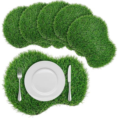 Gandeer 6 Pcs Golf Artificial Grass Mat Placemats Green Fake Grass Tiles Table Centerpieces Placemats Sport Theme Party Decorations for Wedding Baby Shower Golf Lovers