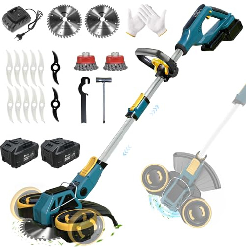 Coupe Bordure sans Fil avec Batterie, 21V Brushless Debrouissalleuses Batterie avec 4 Types de Lames et 2 Batteries 4.0 Ah, Coupe Bordure pour Tondre Le Jardin et la Pelouse (Bleu)