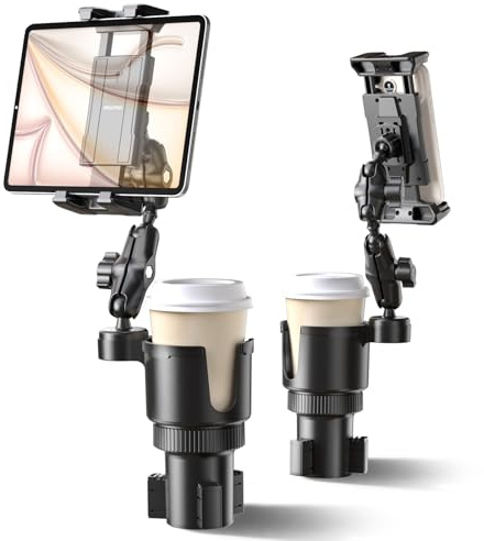 OHLPRO Tablet Halterung Auto Getränkehalter, 2-in-1 Becherhalter KFZ iPad Halterung mit Aluminium Verstellbar Arm, Tablethalterungen Auto für 5-13 iPhone 17 iPad Pro Mini Air Galaxy Tab Kindle Switch
