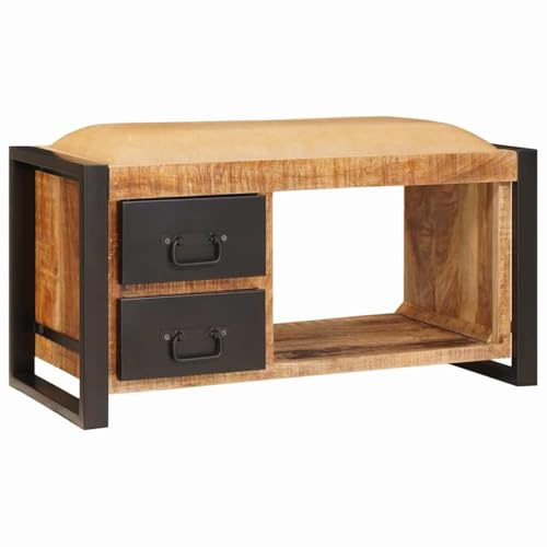 Owoxanthellate Sitzbank mit Stauraum 80×35×40 cm aus Mangoholz, Industrial Truhenbank für Flur & Schlafzimmer, geräumige Holzkiste mit Schublade
