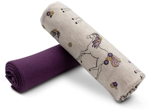 VmG-Store Stoffpaket Jersey und Bündchenstoff je 0,5m Set zum Nähen Baby Kinderbekleidung Baumwolljersey Schlauchware Kinderstoff Jerseystoff (Glitzer Pferde Light Sand + Shadow Purple Set58)
