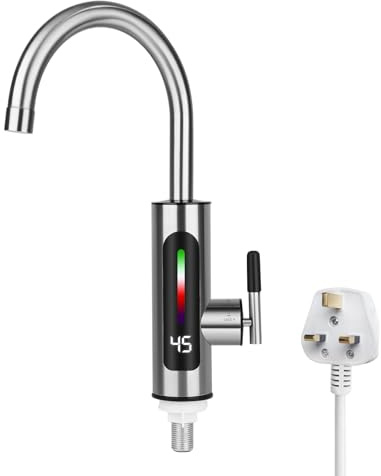 Robinet électrique avec chauffe-eau instantané 230V pour cuisine, 3000W acier inoxydable, affichage LED température, pivotant 360°, chauffe-eau instantané pour mitigeur cuisine.