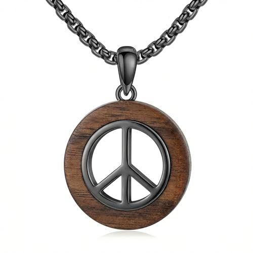 CUPENDA träkedja fredsskylt halsband 925 sterlingsilver hippie fredsberlock fredsskylt svart träsmycke för kvinnor män