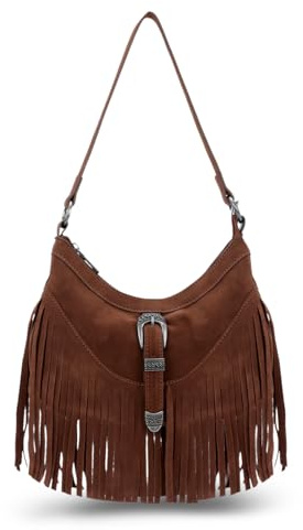 OPLERT Western Fransen Tasche Damen Boho Wildleder-Optik Schultertasche mit Quasten, Hippie Umhängetasche für Damen