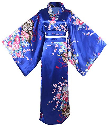 HongH Women's Floral Print Traditional Japanese Kimono Goldfish Obi Blossom Yukata Costume Set Belt Robe, Long Kimono Blue, Large
