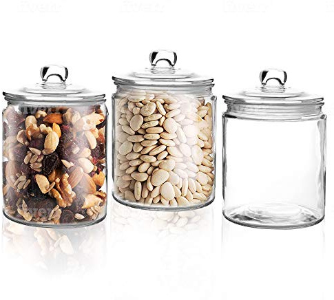 Set of 3 Glass Jar with Lid 1 Liter | Airtight Glass Storage Container for Food, Pasta, Coffee, Candy, Dog Treats, Snacks | Glass Organization Canisters for Home & Kitchen | 34 Ounces