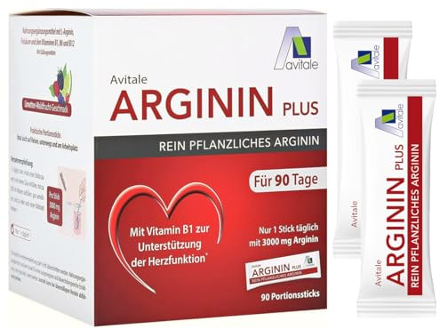 Avitale Arginin Plus Arginin, Vitamin B1, B6, B12 + Folsäure, 90 Sticks | Unterstützt die Herzfunktion: L-Arginin aus Mais + Vitamin B1, zur Auflösung in Wasser, Limette-Waldfrucht-Geschmack, 90 Tage