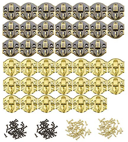 HOWDIA 40pcs Antique Brass Latch Lock Gold Hasp, Decorative Small Hinges and Latches for Wood Boxes Jewelry Box Cabinet with Screws(20 Bronze + 20 Golden