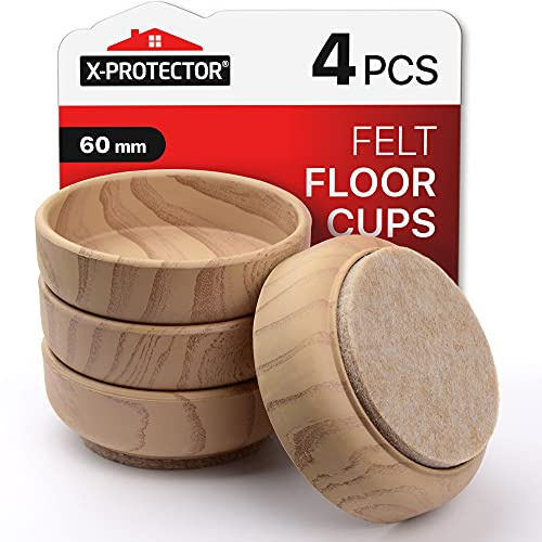 Felt Floor Cups X-Protector - Furniture Felt Castors Cup 4 PCS Ø60mm | Floor & Furniture Protector Cups for Chair & Sofa Legs - Prevent Scratches with Non Slip Wooden Coasters for Hardwood Floor!
