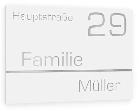 Graviers Design Hausnummer aus V2A Edelstahl 160x110mm - Weiß - Wetterfest Rostfrei Individuell anpassbar Straße Nummer Familienname - Made in Germany