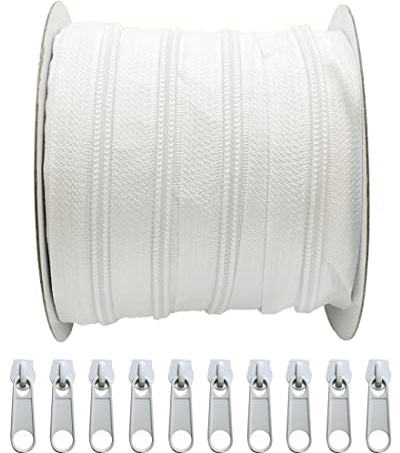 Rotoli da 10 metri Chiusure Lampo continue in nylon #5, borse per lavori di artigianato, tenda da campeggio, con 10 cursori liberi in metallo per cucito, (101, 5#)