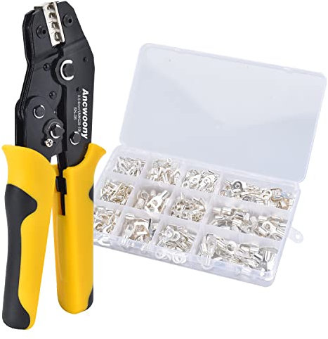 ANCWOONY Wire Crimping Tool Kit for Non-Insulated Terminals Ratcheting Crimper Plier AWG20-10 with 400PCS Ring Terminals & Fork Connector Kit