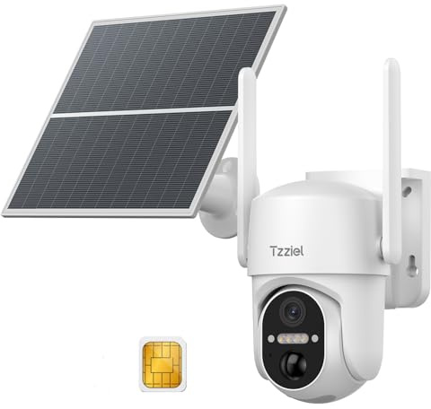 Tzziel 4G LTE-övervakningskamera med sim- och SD-kort, WiFi-fri solcellskamera, PIR mänsklig detektering, 2K mörkerseende, tvåvägsljud, vattentät